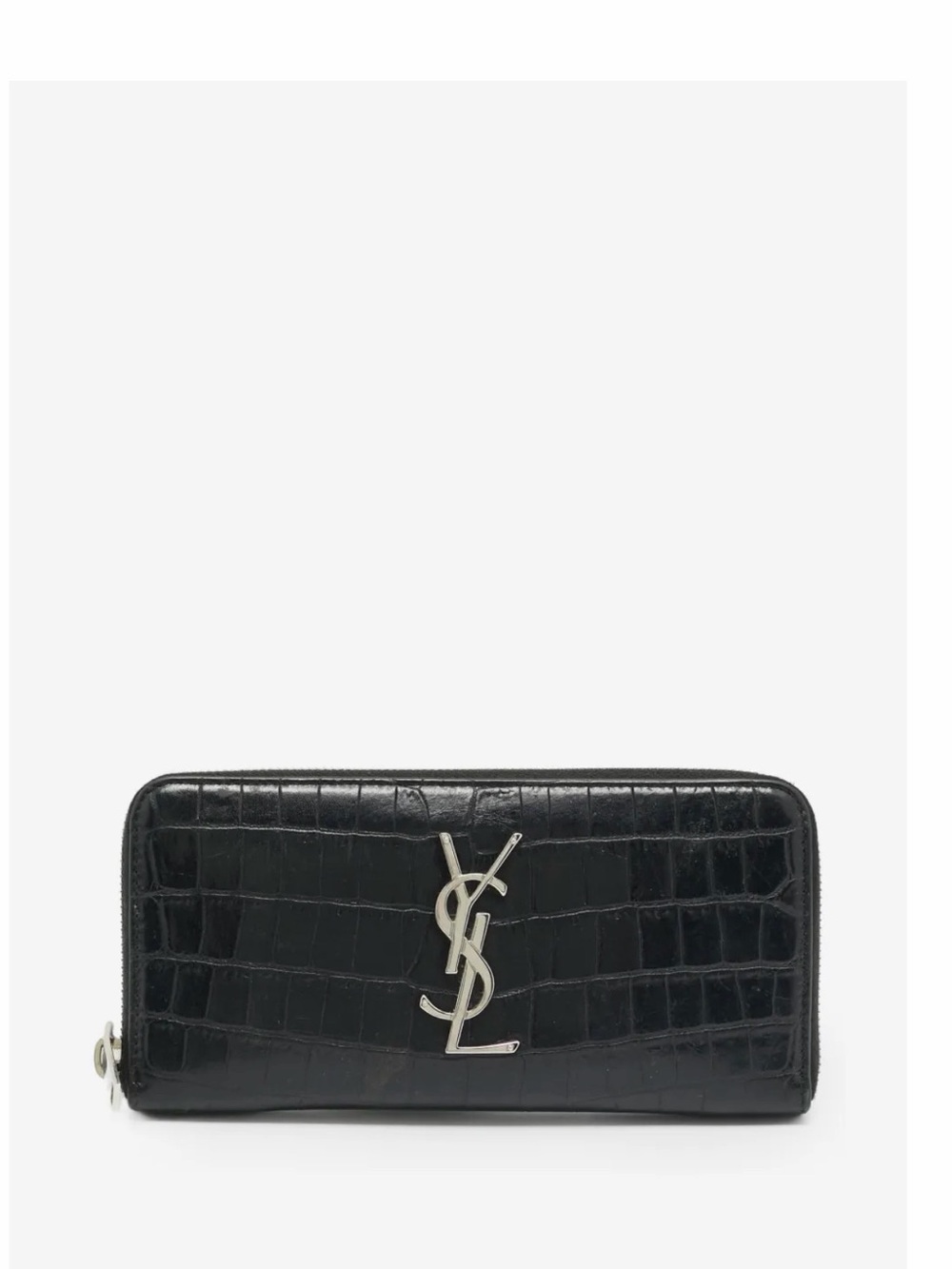 Saint Laurent Black Croc-Embossed Zip-Around Wallet with Silver YSL Logo
